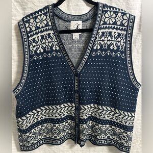Vtg JK  America Womens Acrylic Vest  ButtonDown Blue/White Geo Pattern Sz 14-16